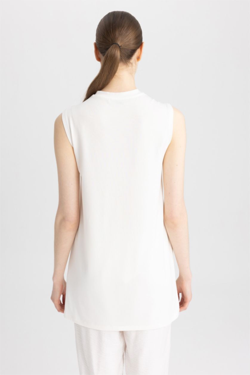 FEMME Écru Tunique à manches courtes Coupe Régulière Col Ras Du Cou