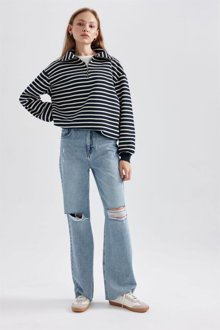 حريمي كحلي سويت شيرت مخطط قصة عادية بياقة نص سوسته