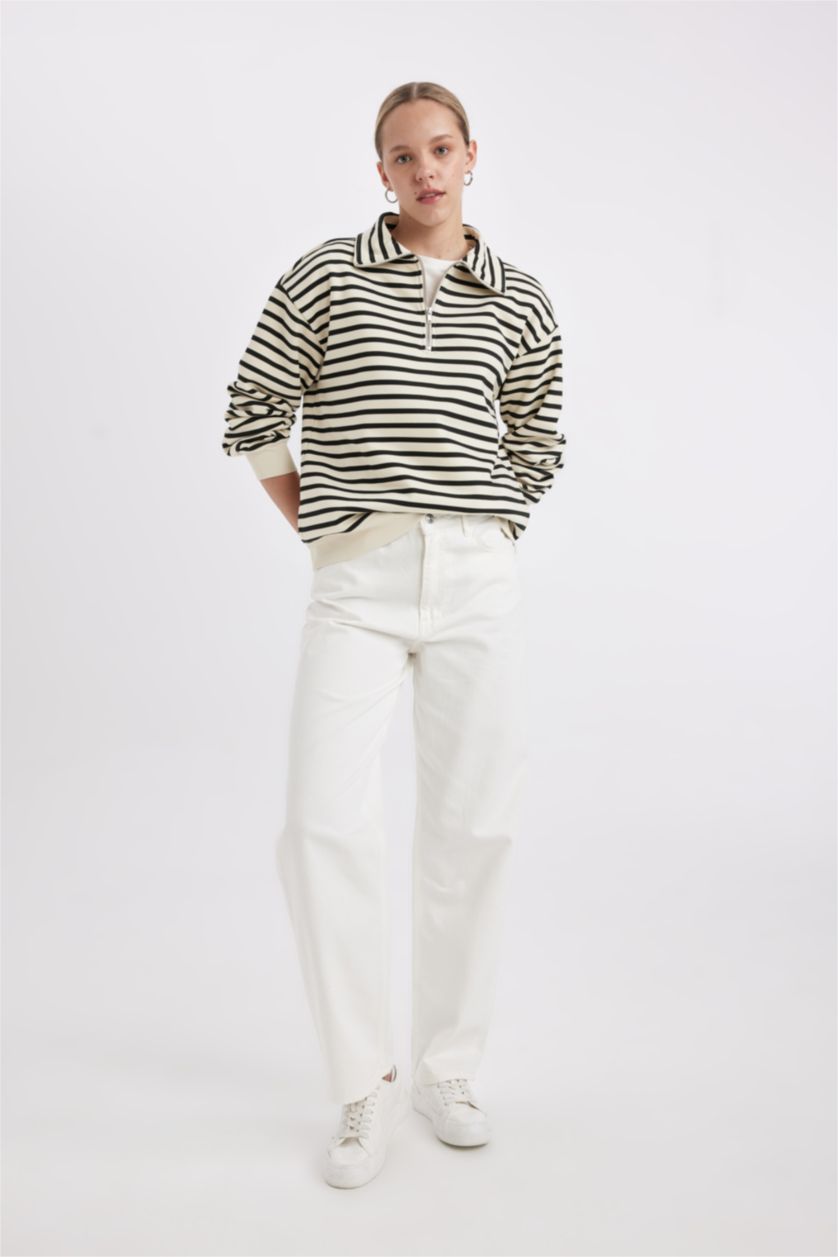 Kadın Taş Regular Fit Dik Yaka Yarım Fermuarlı Kalın Çizgili Kalın Sweatshirt