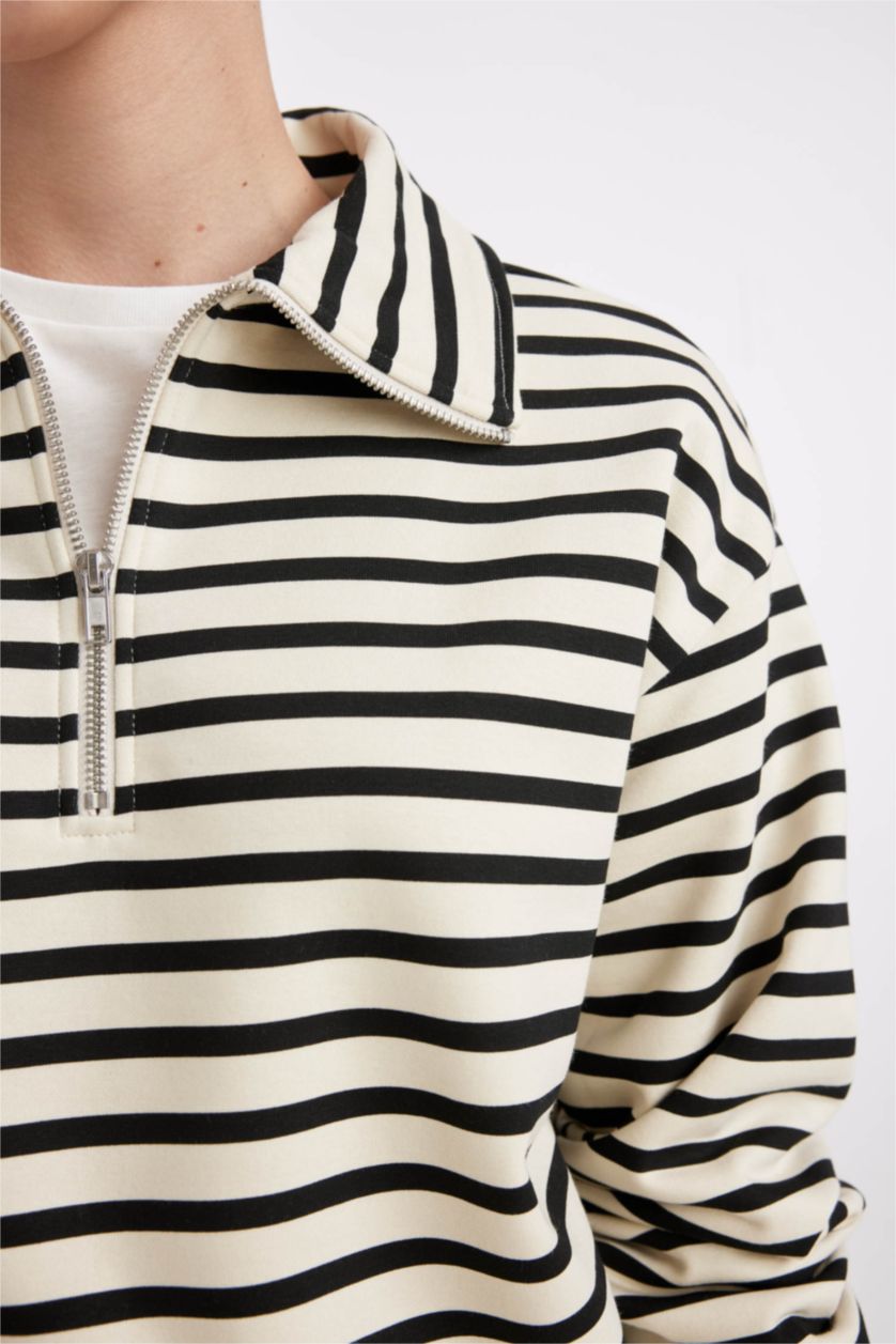 Kadın Taş Regular Fit Dik Yaka Yarım Fermuarlı Kalın Çizgili Kalın Sweatshirt