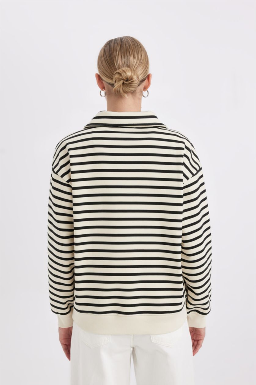 Kadın Taş Regular Fit Dik Yaka Yarım Fermuarlı Kalın Çizgili Kalın Sweatshirt