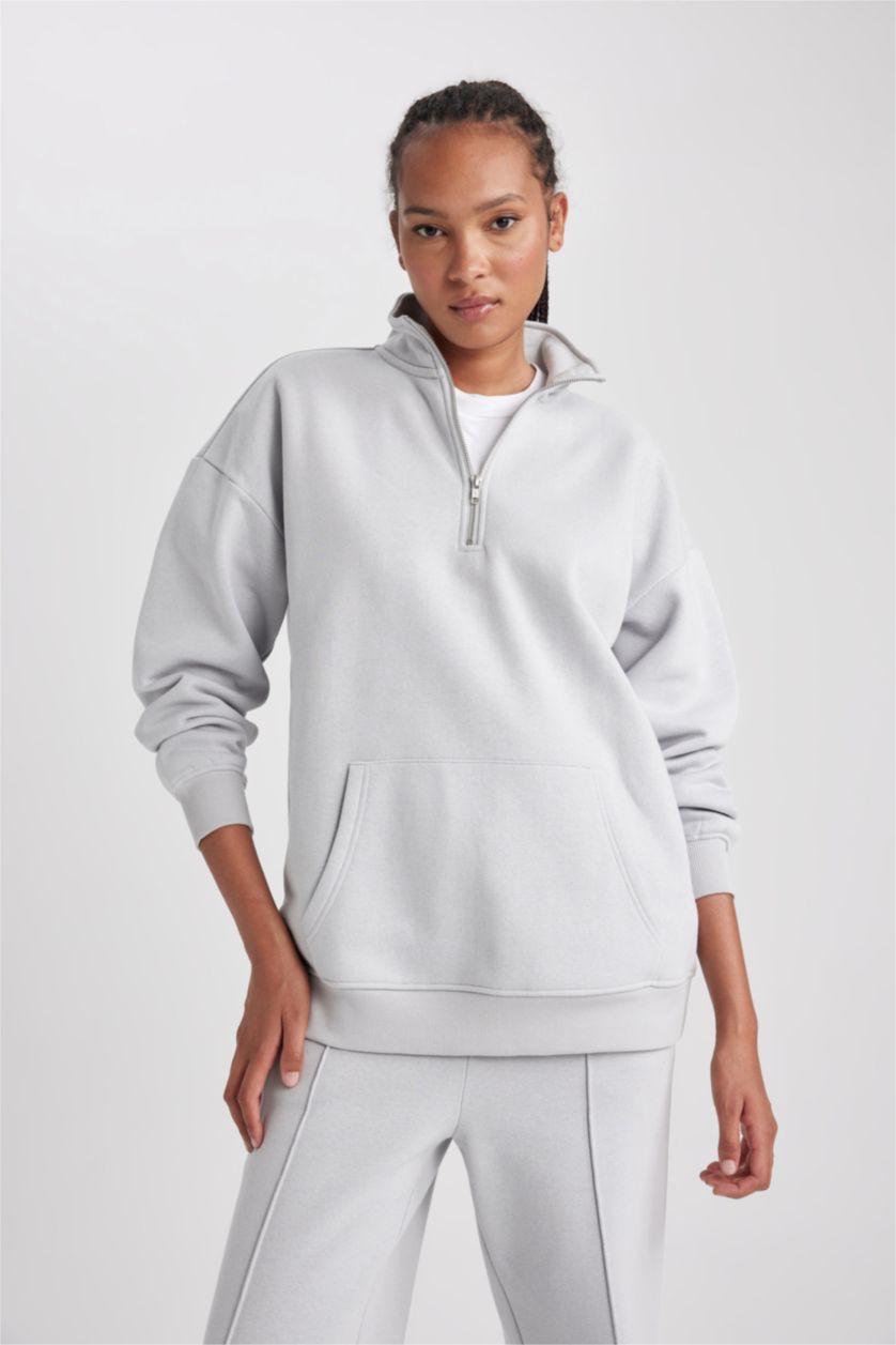 Женщины Светло-серый Свитшот оверсайз на молнии из плотной ткани
