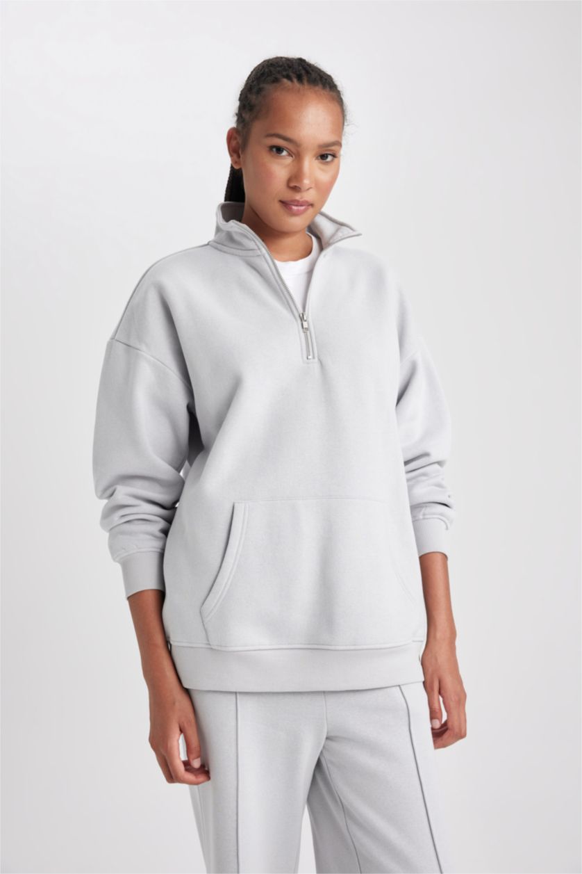 Женщины Светло-серый Свитшот оверсайз на молнии из плотной ткани