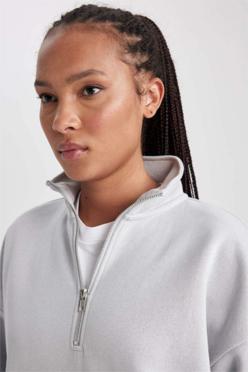 Женщины Светло-серый Свитшот оверсайз на молнии из плотной ткани
