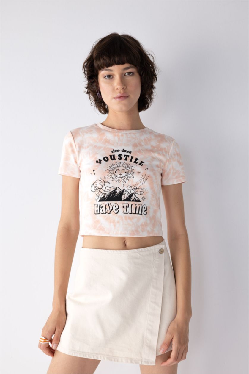 Woman Orange Slim Fit Ribana Short Sleeve T-Shirt