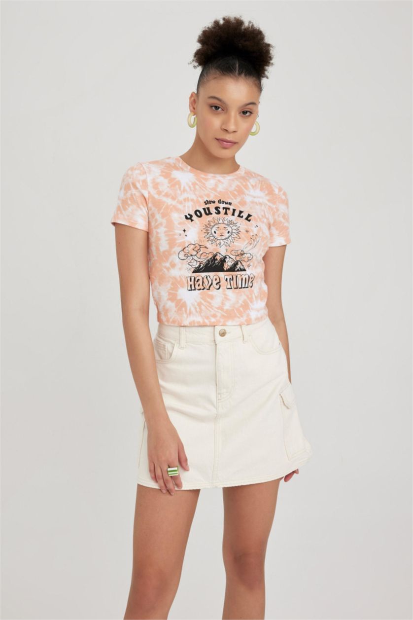 Woman Orange Slim Fit Ribana Short Sleeve T-Shirt