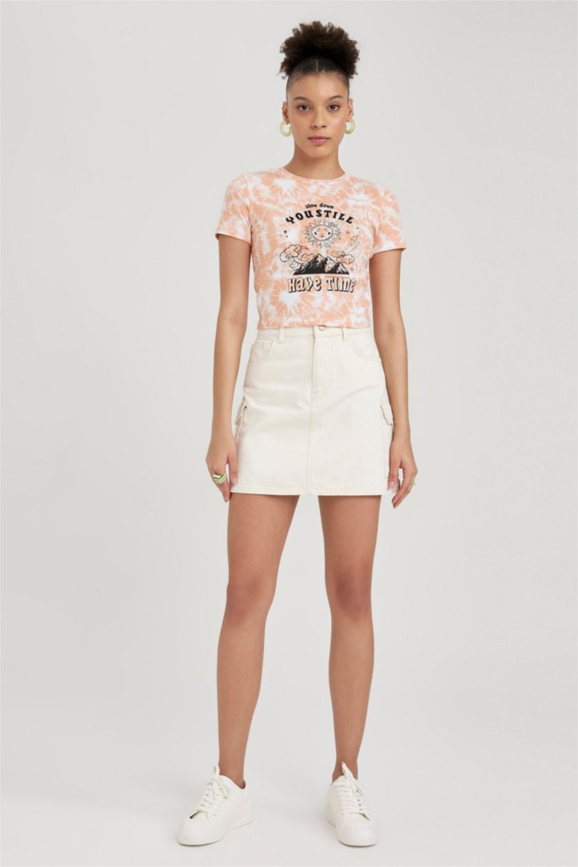 Woman Orange Slim Fit Ribana Short Sleeve T-Shirt