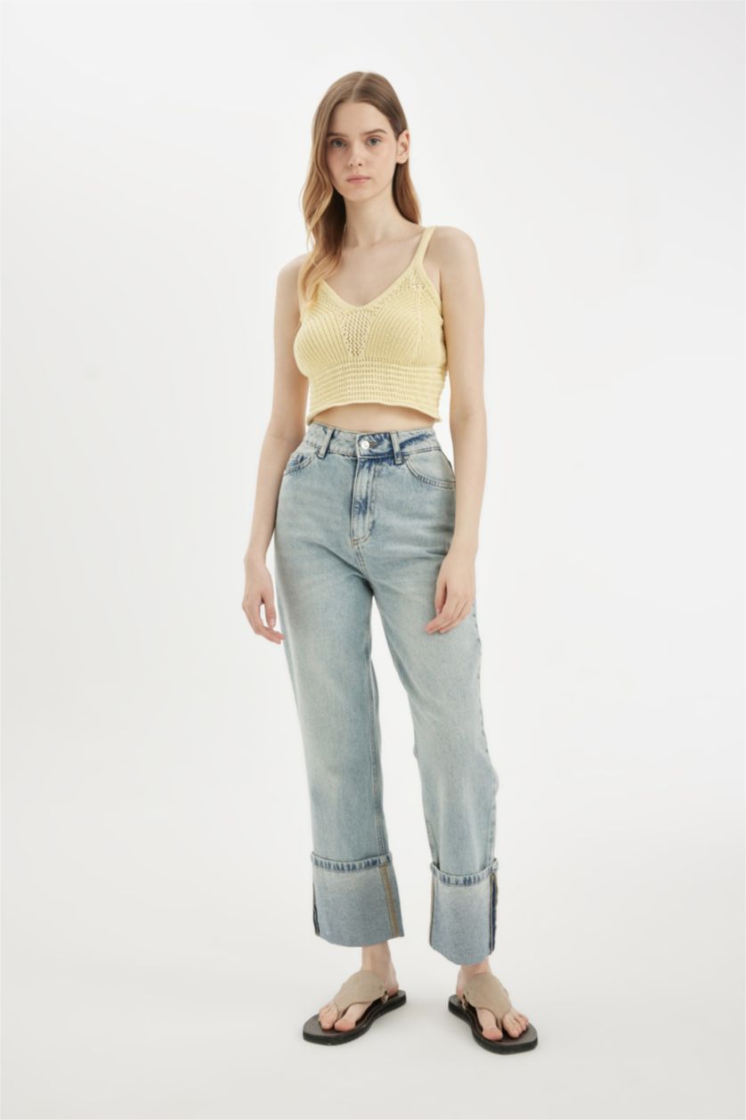 Kadın Sarı Slim Fit Dar Kesim V Yaka Askılı Örgü Kroşe Atlet