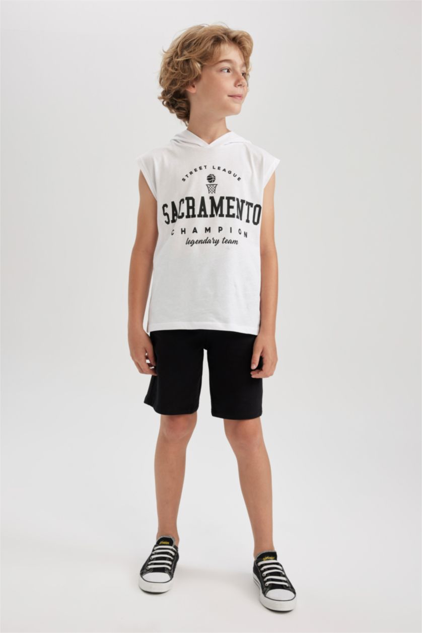 BOYS & TEENS White Boy Printed Hooded Undershirt Shorts 2 Piece Set