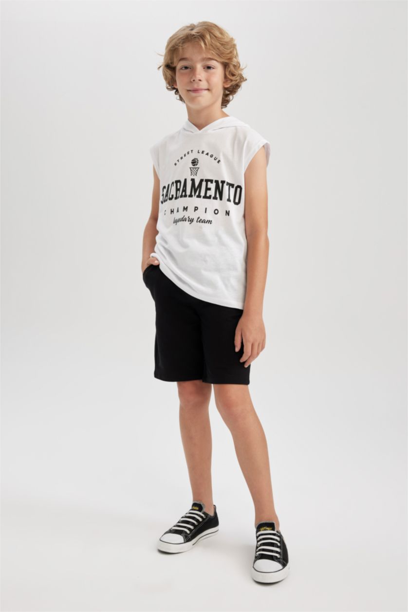 BOYS & TEENS White Boy Printed Hooded Undershirt Shorts 2 Piece Set