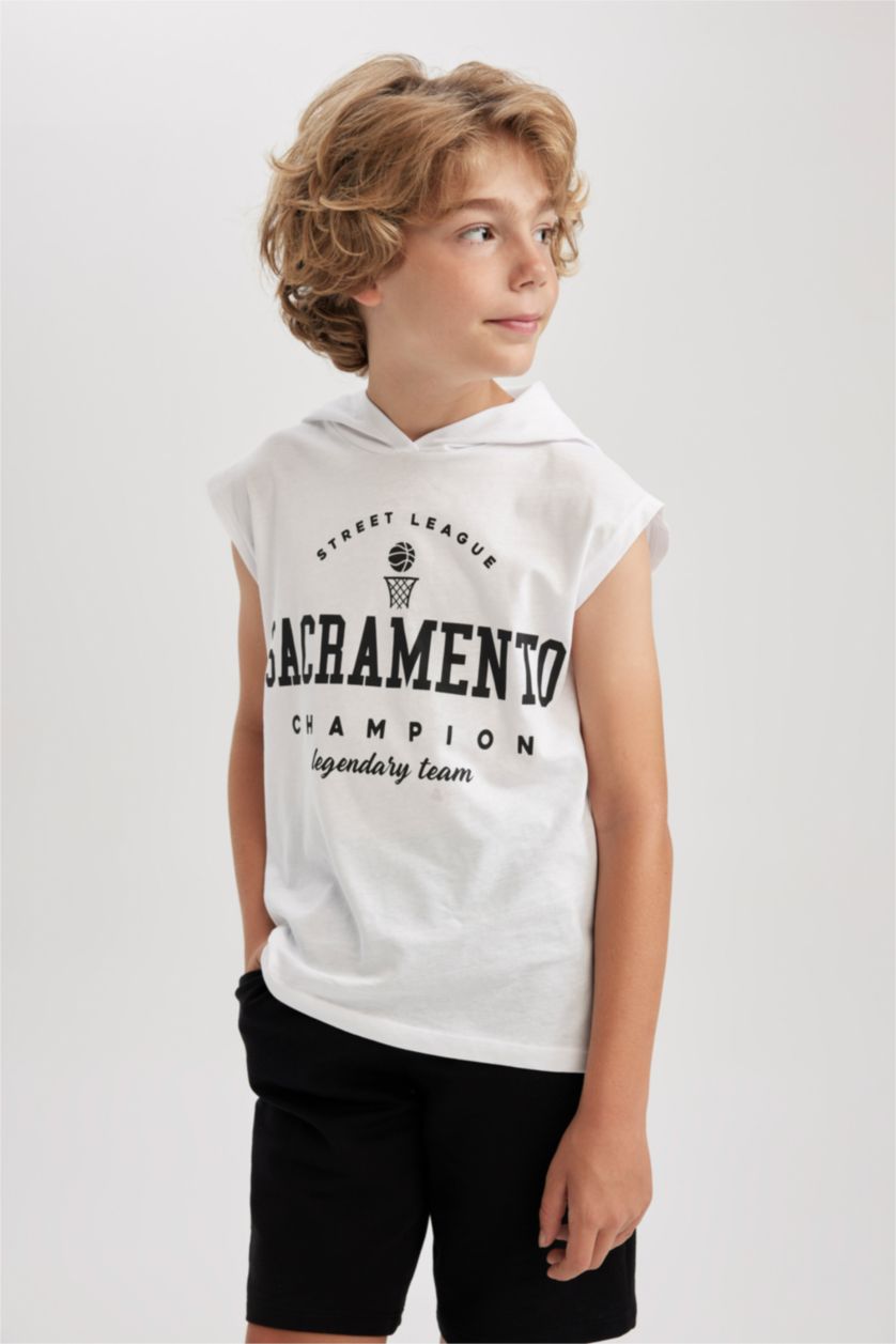 BOYS & TEENS White Boy Printed Hooded Undershirt Shorts 2 Piece Set