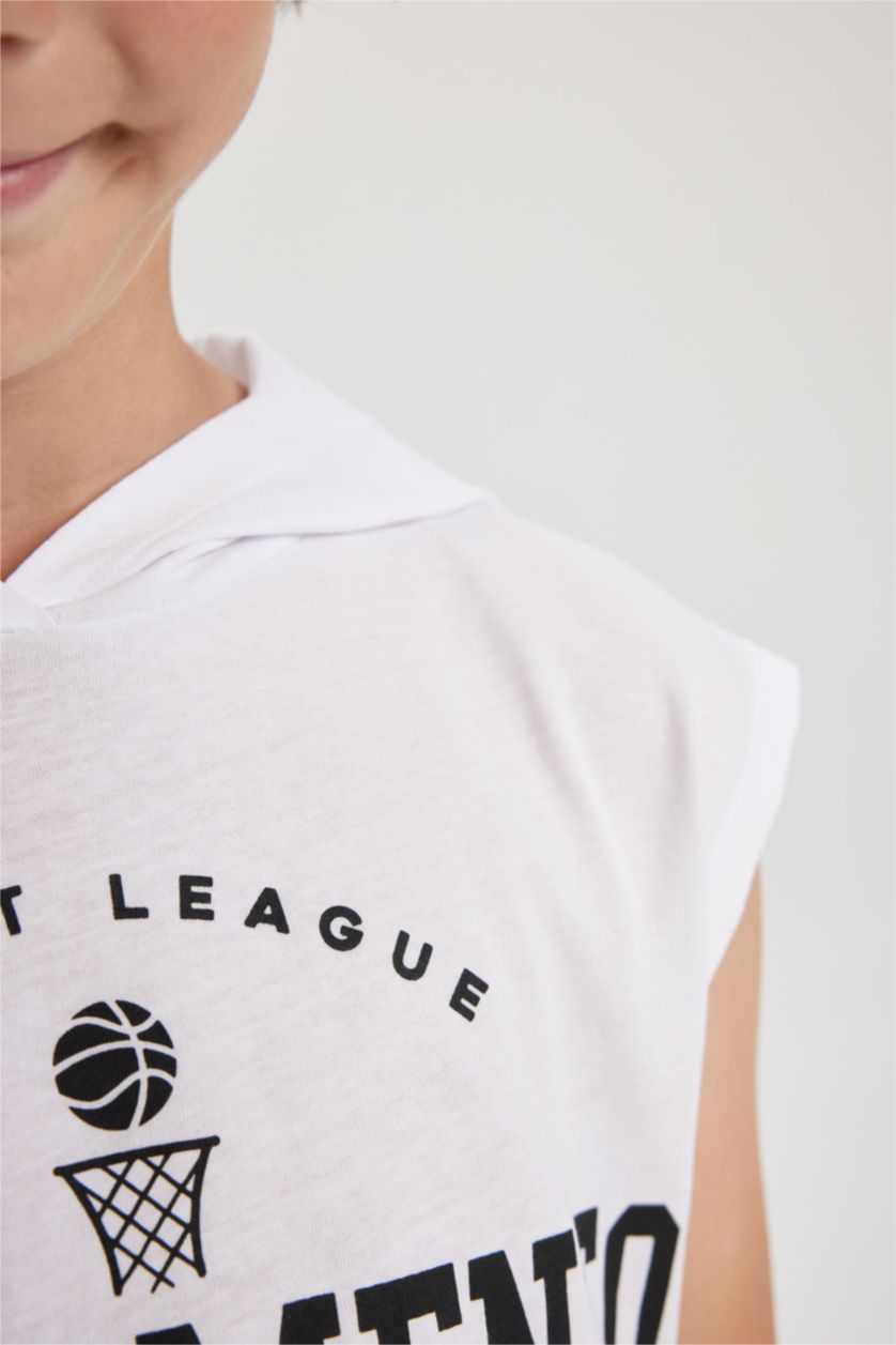 BOYS & TEENS White Boy Printed Hooded Undershirt Shorts 2 Piece Set