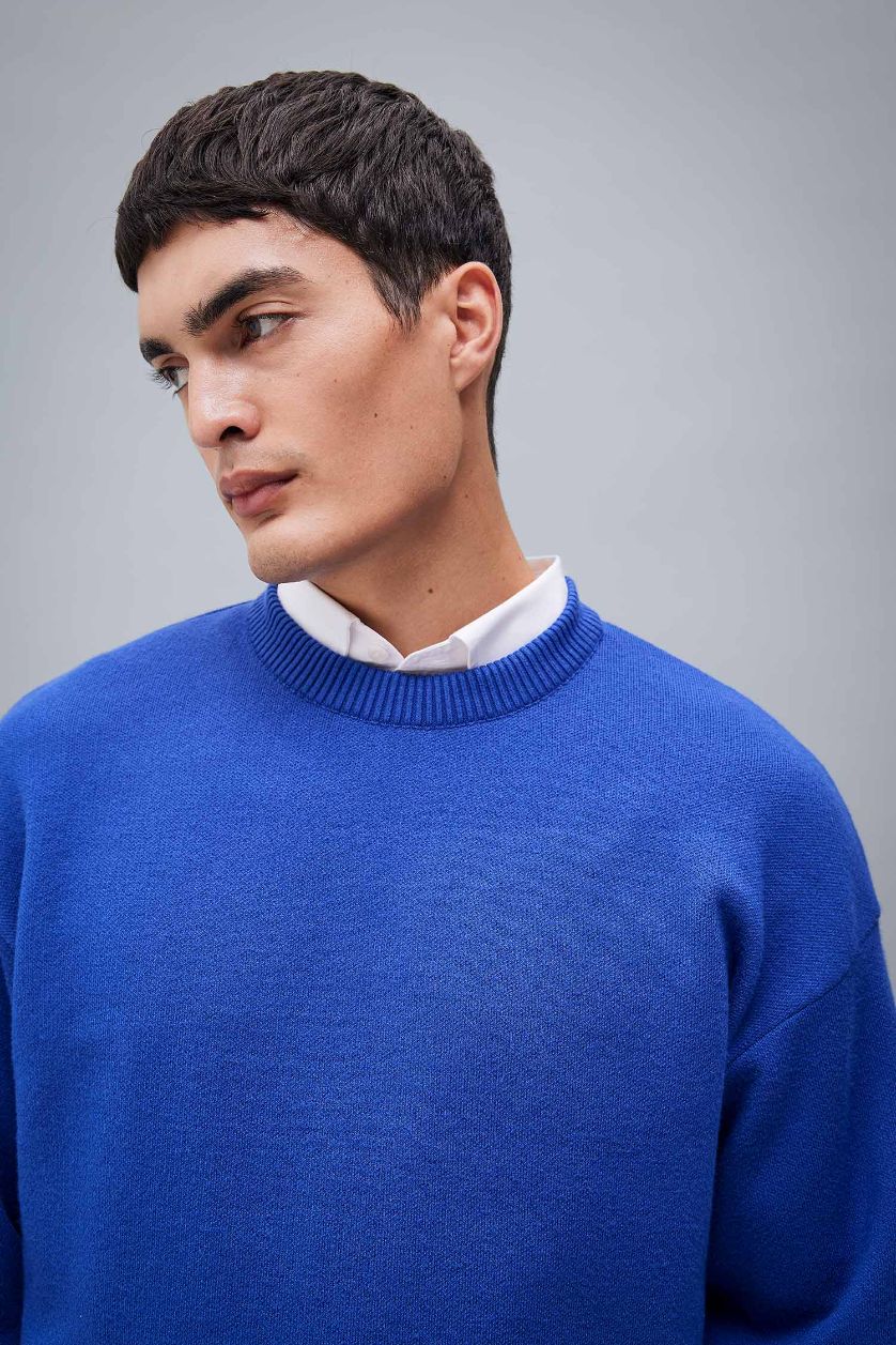 رجالي أزرق فاقع بلوفر تريكو بريميوم قصة مريحة برقبة مستديرة