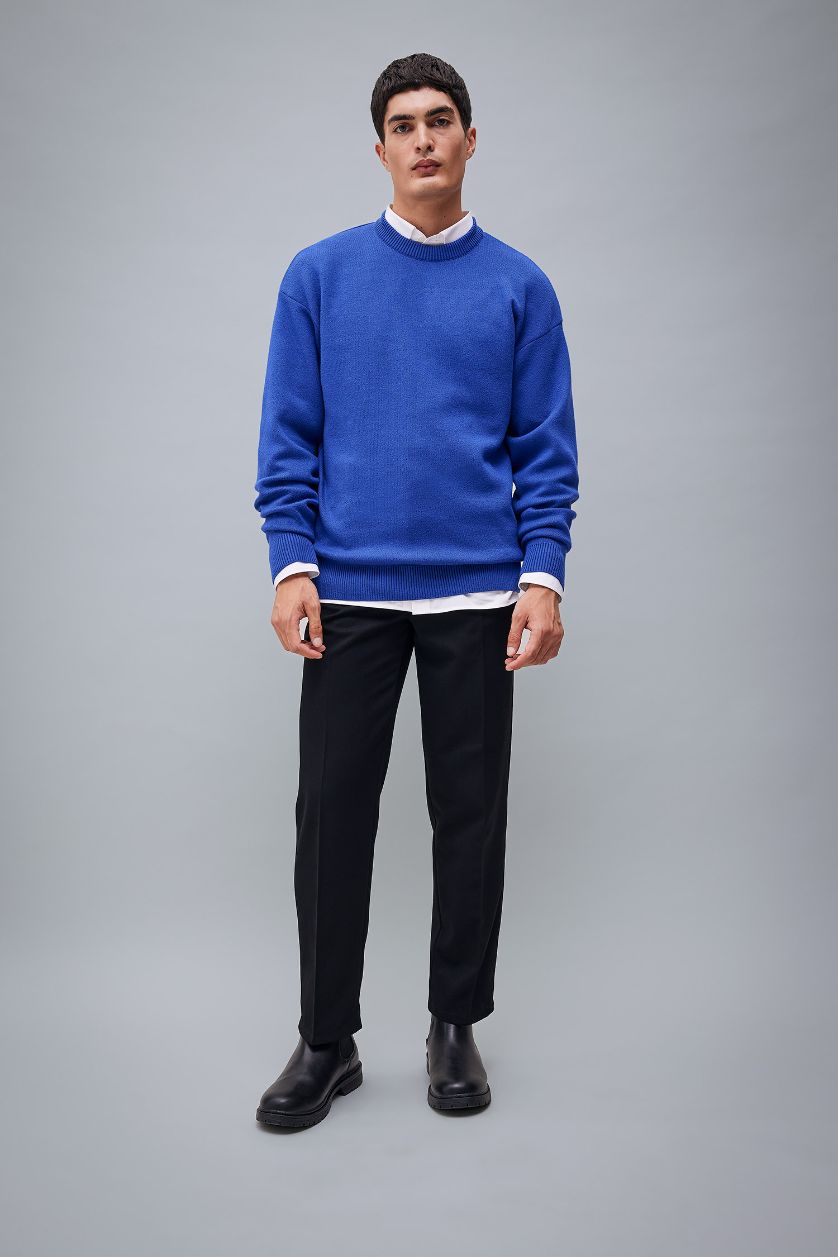 رجالي أزرق فاقع بلوفر تريكو بريميوم قصة مريحة برقبة مستديرة