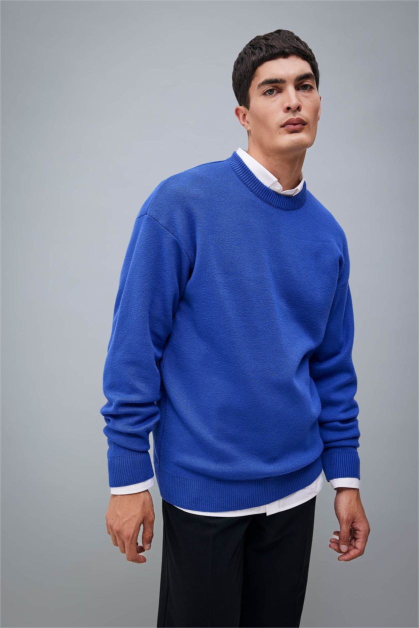 رجالي أزرق فاقع بلوفر تريكو بريميوم قصة مريحة برقبة مستديرة