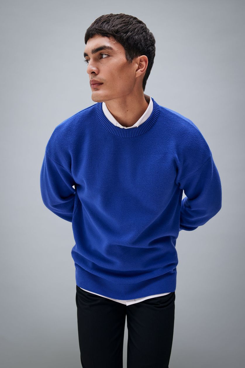 رجالي أزرق فاقع بلوفر تريكو بريميوم قصة مريحة برقبة مستديرة