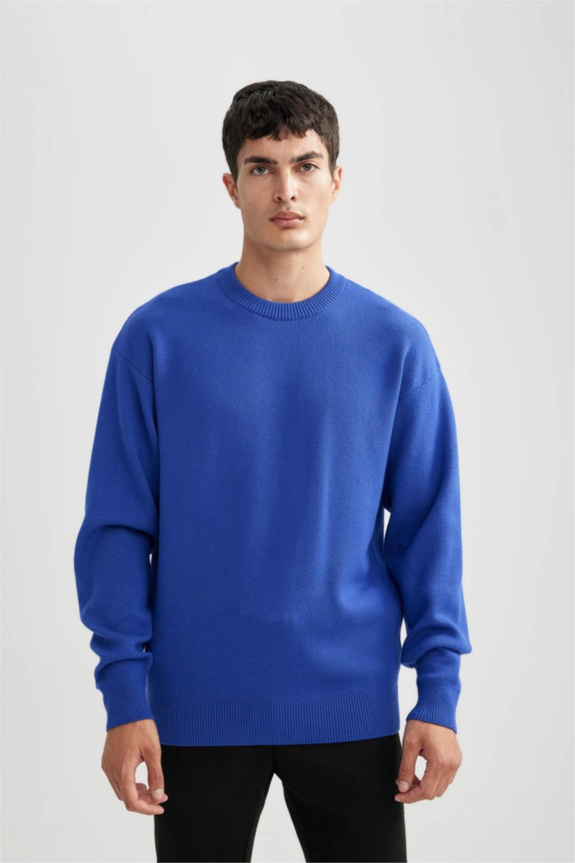 رجالي أزرق فاقع بلوفر تريكو بريميوم قصة مريحة برقبة مستديرة