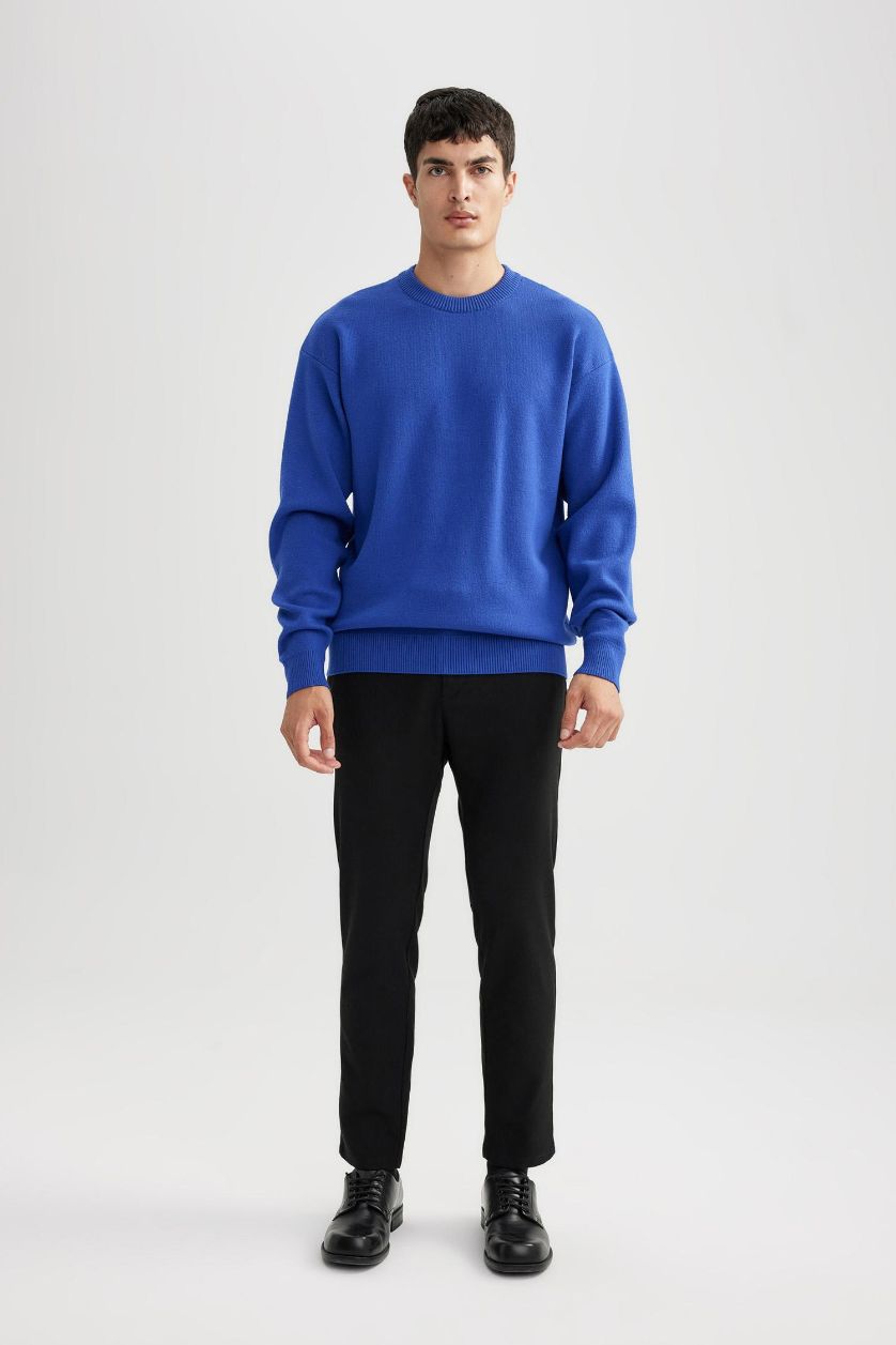 رجالي أزرق فاقع بلوفر تريكو بريميوم قصة مريحة برقبة مستديرة