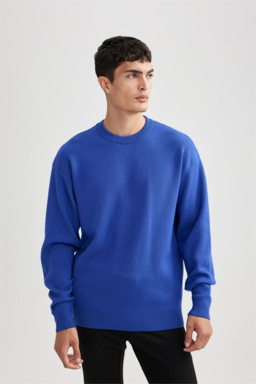 رجالي أزرق فاقع بلوفر تريكو بريميوم قصة مريحة برقبة مستديرة