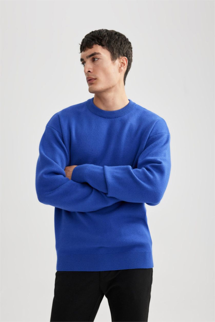 رجالي أزرق فاقع بلوفر تريكو بريميوم قصة مريحة برقبة مستديرة