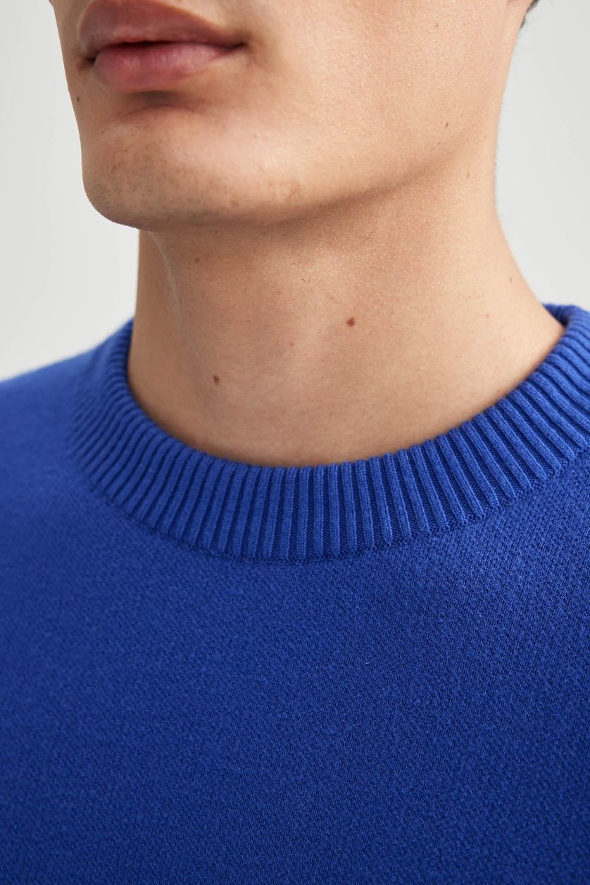 رجالي أزرق فاقع بلوفر تريكو بريميوم قصة مريحة برقبة مستديرة