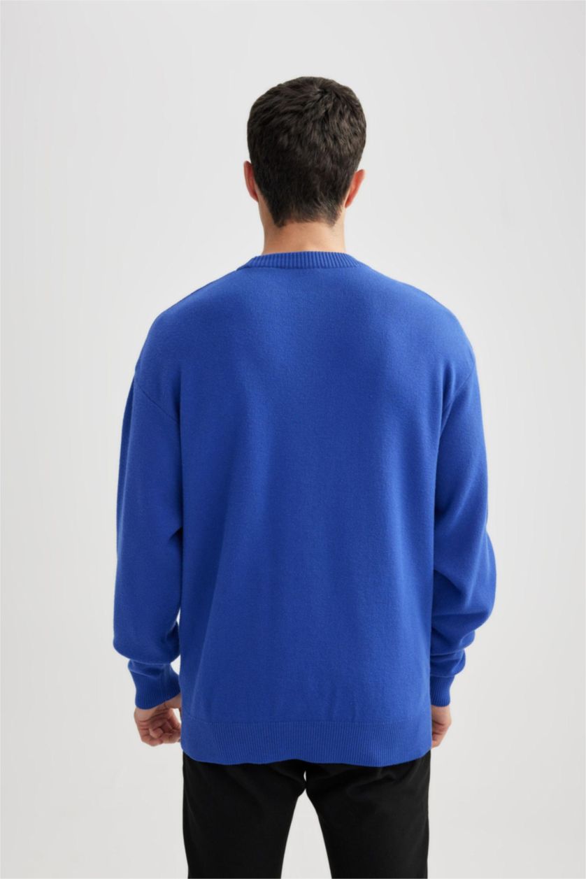 رجالي أزرق فاقع بلوفر تريكو بريميوم قصة مريحة برقبة مستديرة