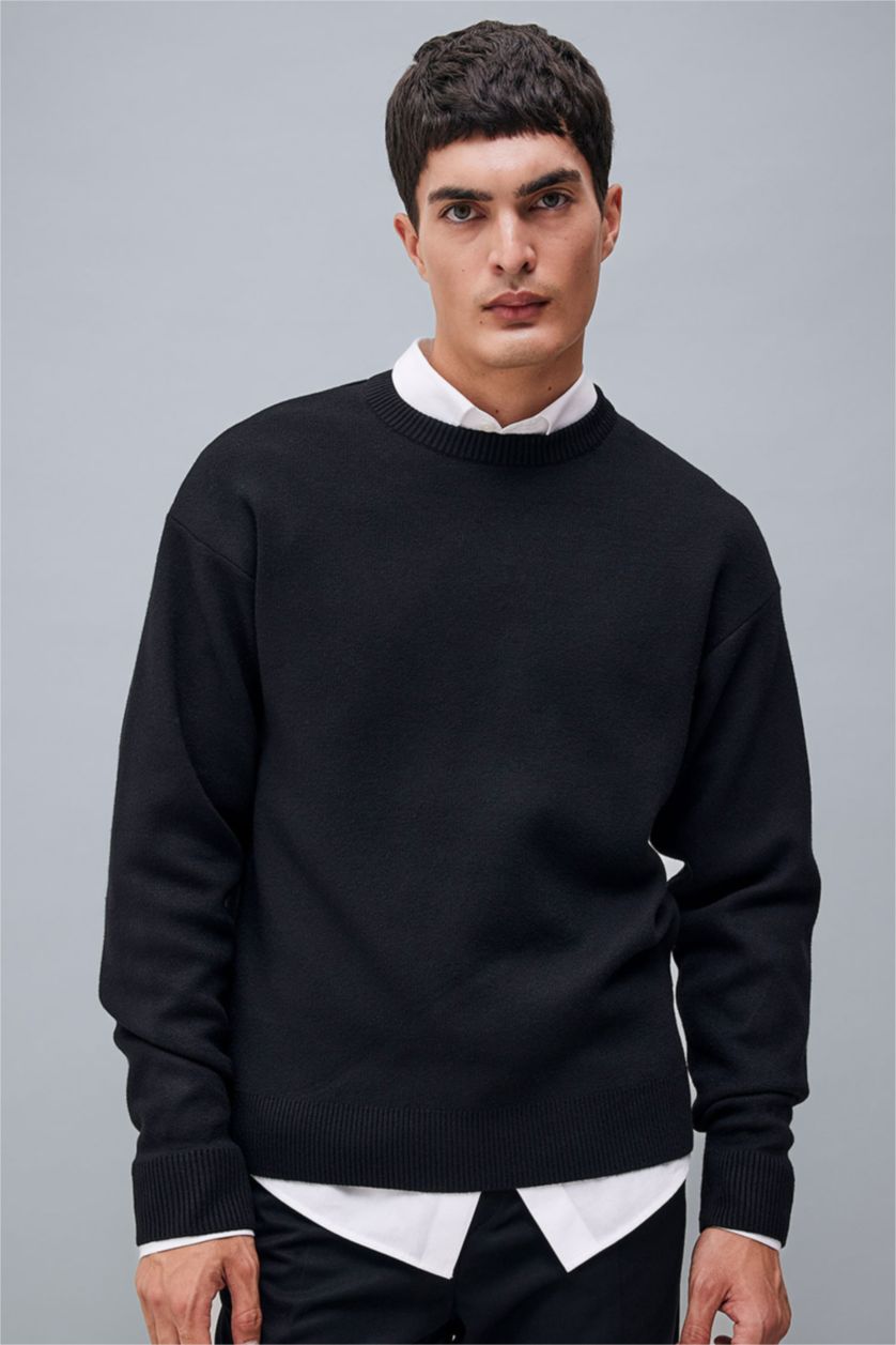 Man Black Black Relax Fit Crew Neck Basic Knitted Pullover