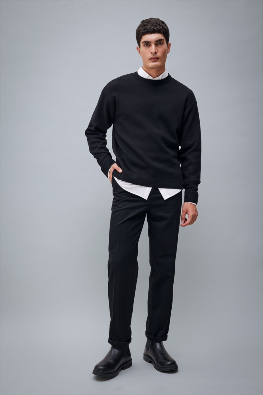 Man Black Black Relax Fit Crew Neck Basic Knitted Pullover