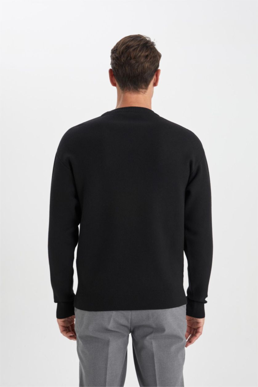 Man Black Black Relax Fit Crew Neck Basic Knitted Pullover
