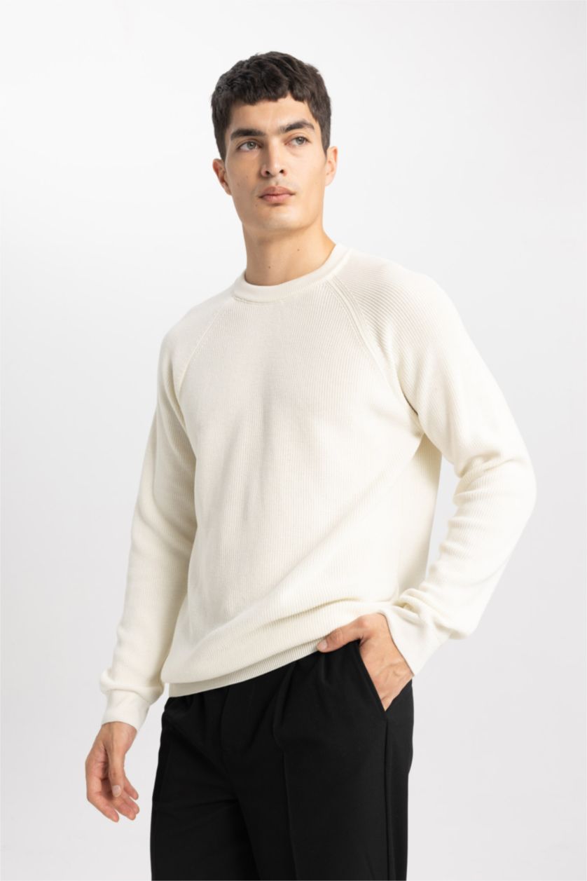 MAN Ecru Standard Fit Crew Neck Basic Knitted Pullover