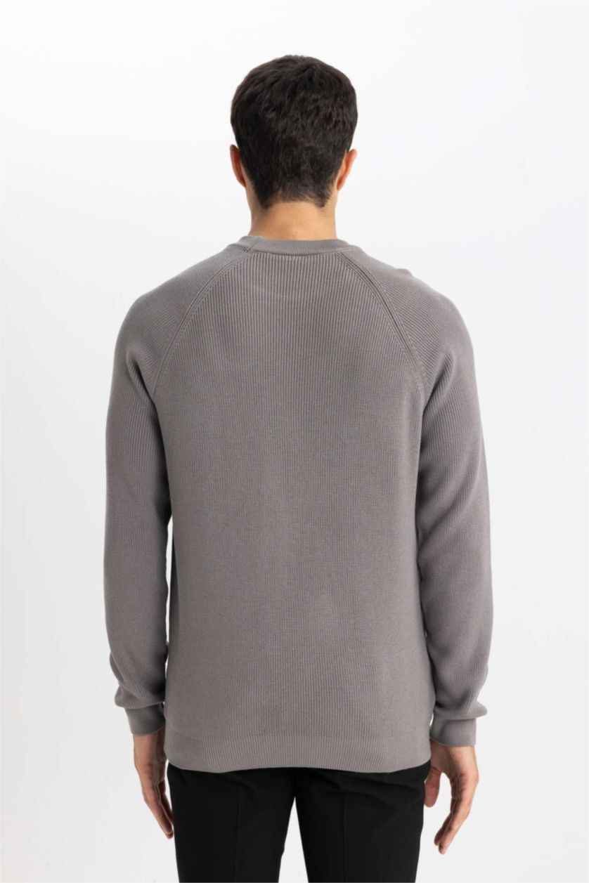 رجالي رمادي داكن بلوفر تريكو قصة عادية برقبة مستديرة