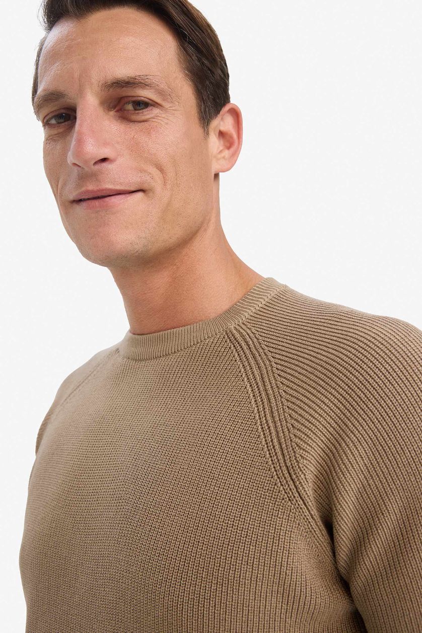 Erkek Bej Standart Fıt Bisiklet Yaka Triko Kazak