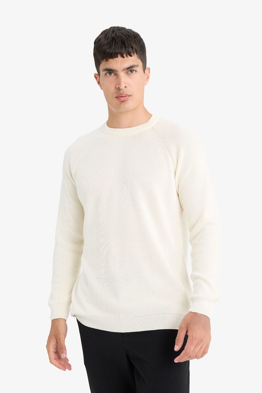 HOMME Écru Pull en maille à col rond Coupe standard