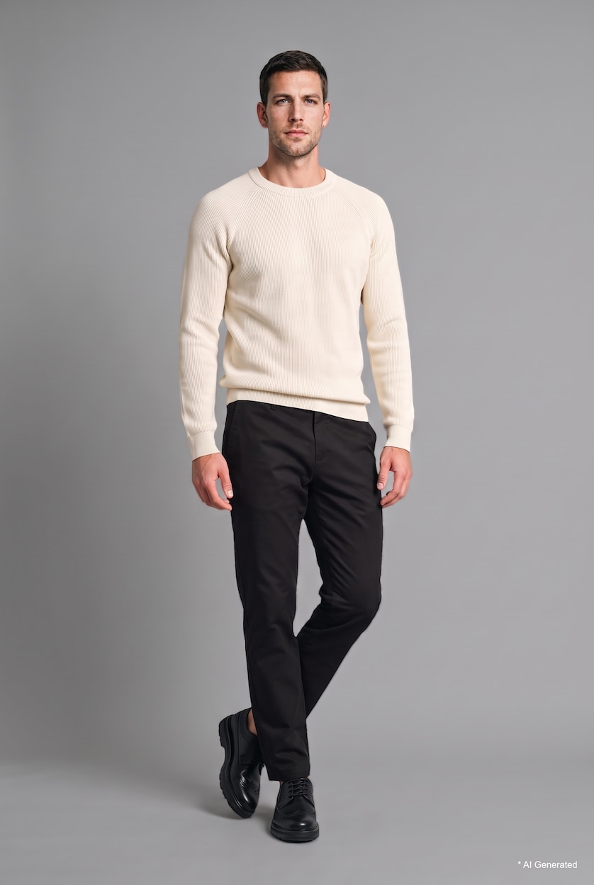 HOMME Écru Pull en tricot basic à col rond et manches longues Coupe standard