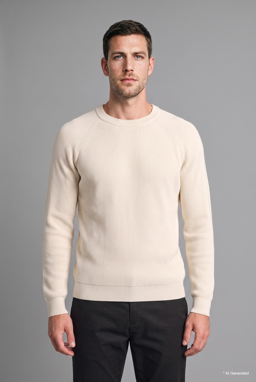 HOMME Écru Pull en tricot basic à col rond et manches longues Coupe standard