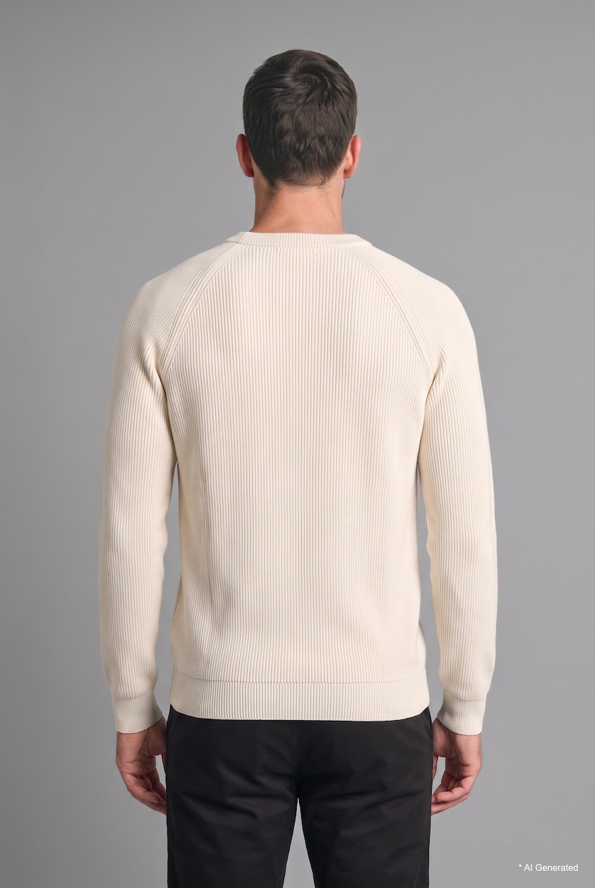 HOMME Écru Pull en tricot basic à col rond et manches longues Coupe standard