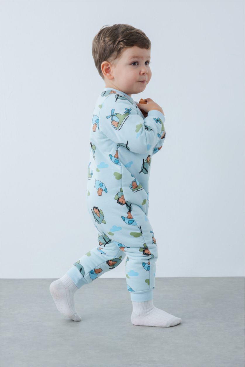 BABY BOY Light Blue Baby Boy Newborn 2,5 Tog Fiber Safari Printed Cotton Sleeping Jumpsuit