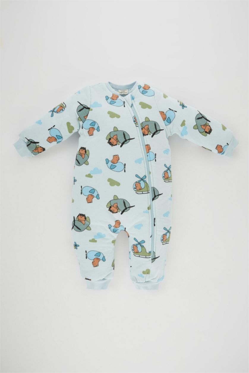 BABY BOY Light Blue Baby Boy Newborn 2,5 Tog Fiber Safari Printed Cotton Sleeping Jumpsuit
