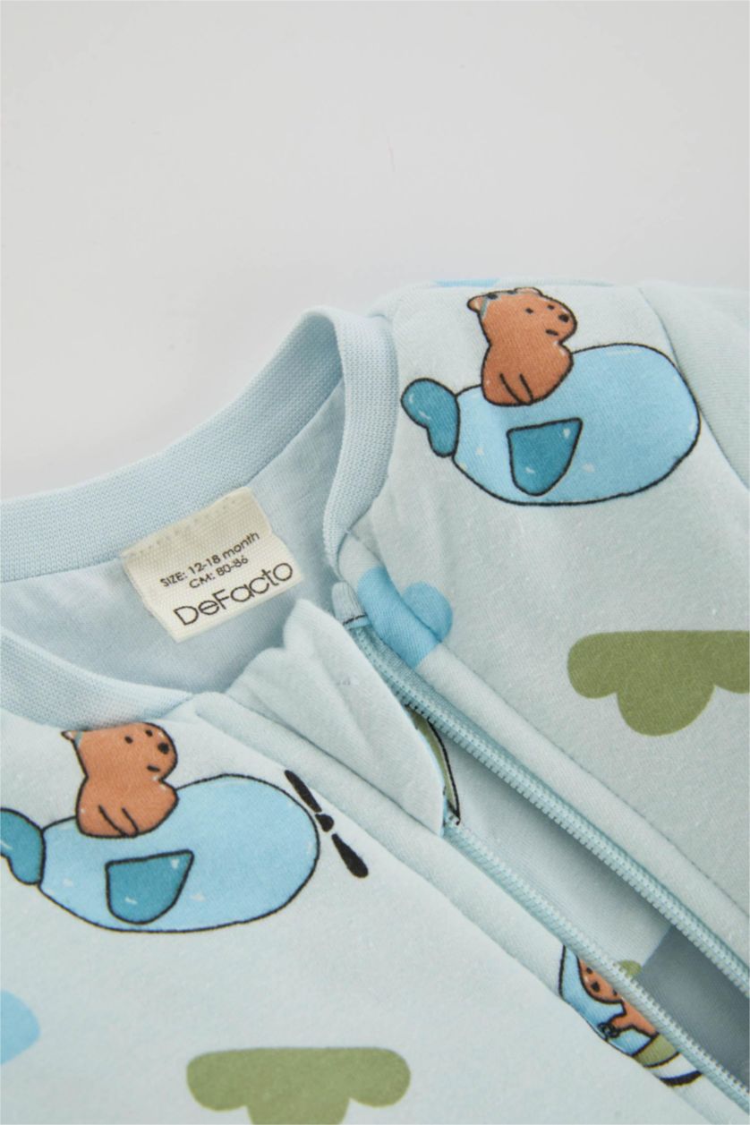 BABY BOY Light Blue Baby Boy Newborn 2,5 Tog Fiber Safari Printed Cotton Sleeping Jumpsuit