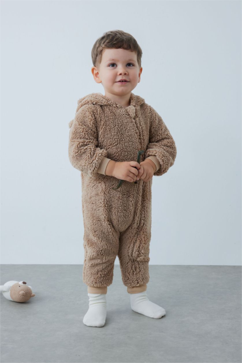 BABY BOY Beige Baby Boy Hooded Zippered Plush Winter Jumpsuit