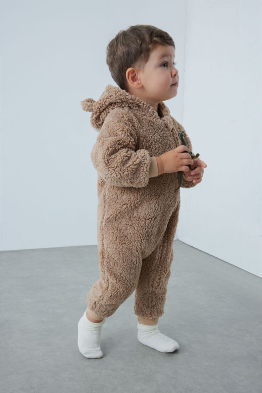 BABY BOY Beige Baby Boy Hooded Zippered Plush Winter Jumpsuit