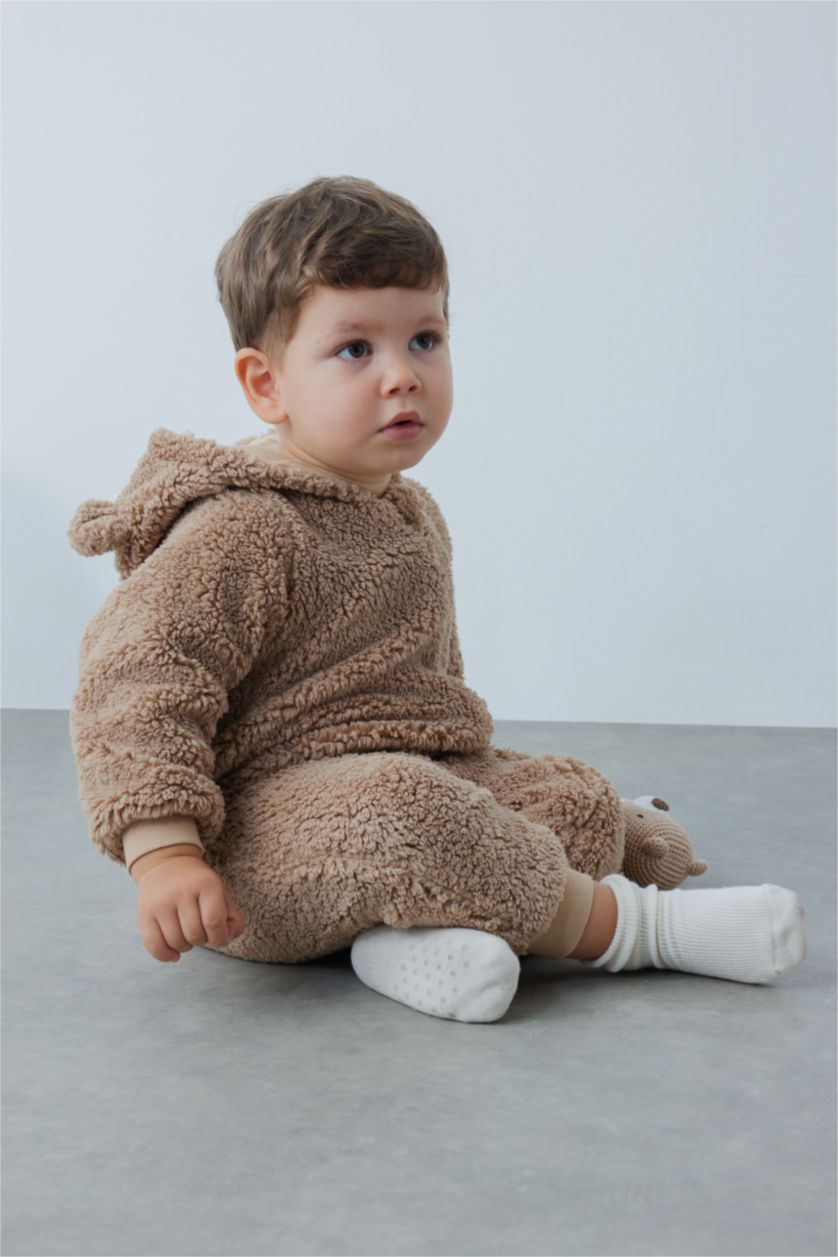 BABY BOY Beige Baby Boy Hooded Zippered Plush Winter Jumpsuit