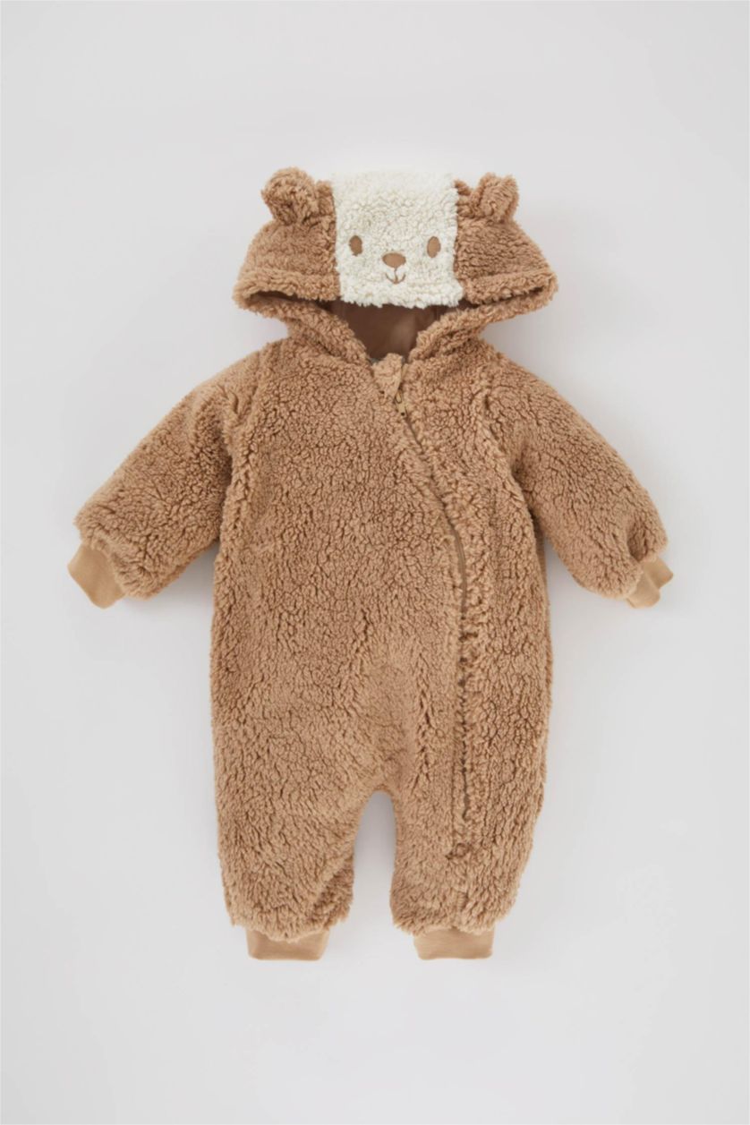 BABY BOY Beige Baby Boy Hooded Zippered Plush Winter Jumpsuit