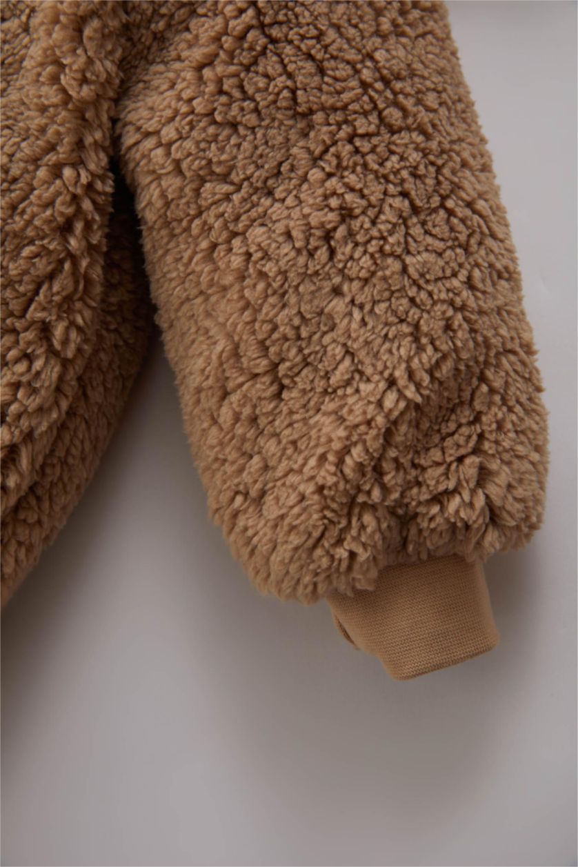 BABY BOY Beige Baby Boy Hooded Zippered Plush Winter Jumpsuit