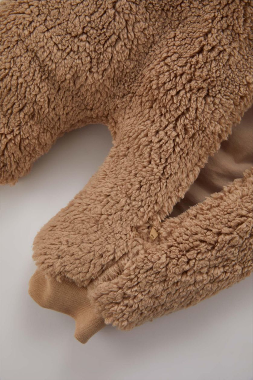 BABY BOY Beige Baby Boy Hooded Zippered Plush Winter Jumpsuit