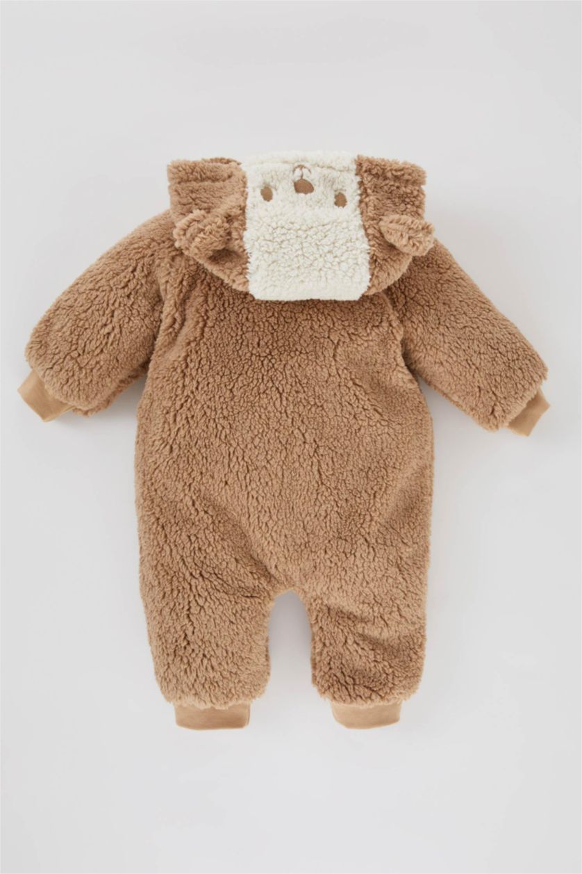 BABY BOY Beige Baby Boy Hooded Zippered Plush Winter Jumpsuit
