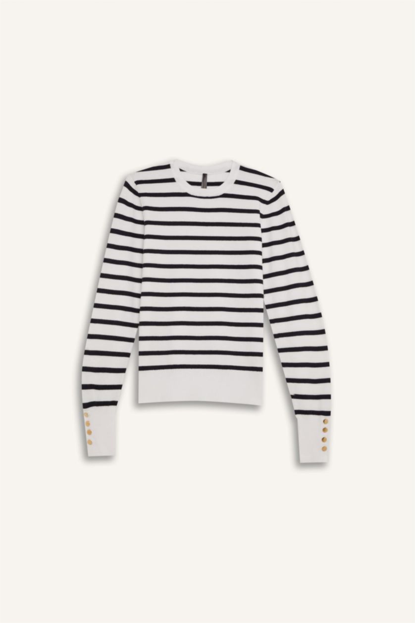 Kadın Ekru Regular Fit Çizgili Bisiklet Yaka Triko Kazak