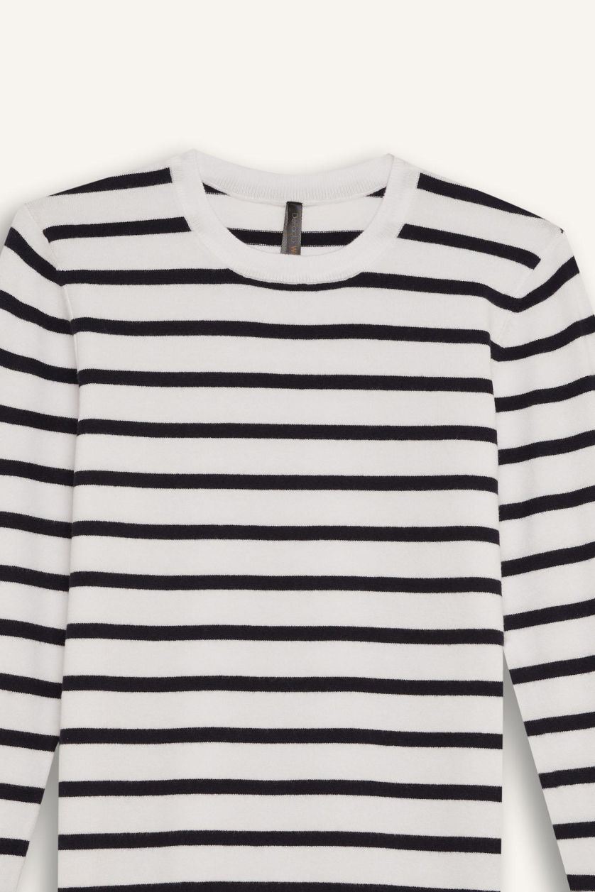 Kadın Ekru Regular Fit Çizgili Bisiklet Yaka Triko Kazak