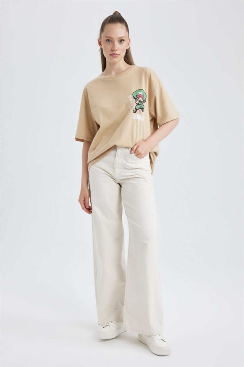 نساء اللون الرملي تي شيرت قطن مطبوع اوفر سايز  من ون بيس