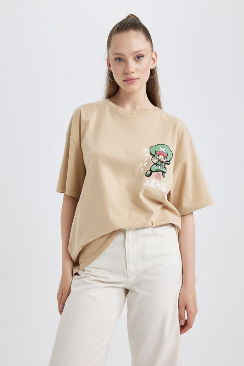 نساء اللون الرملي تي شيرت قطن مطبوع اوفر سايز  من ون بيس